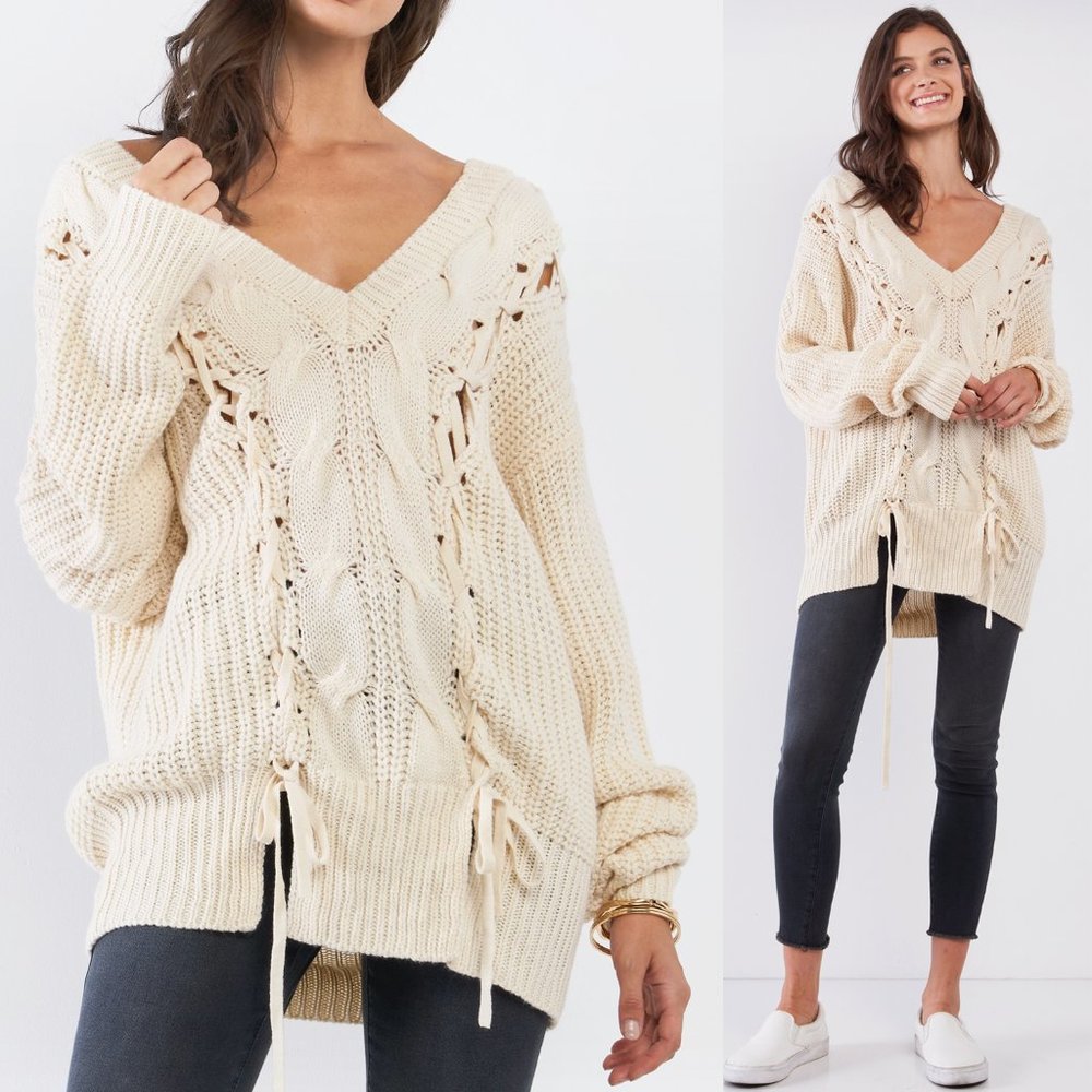 Beige Laced Up Off Shoulder V Neck Tunic Sweater - Picture 1 of 10